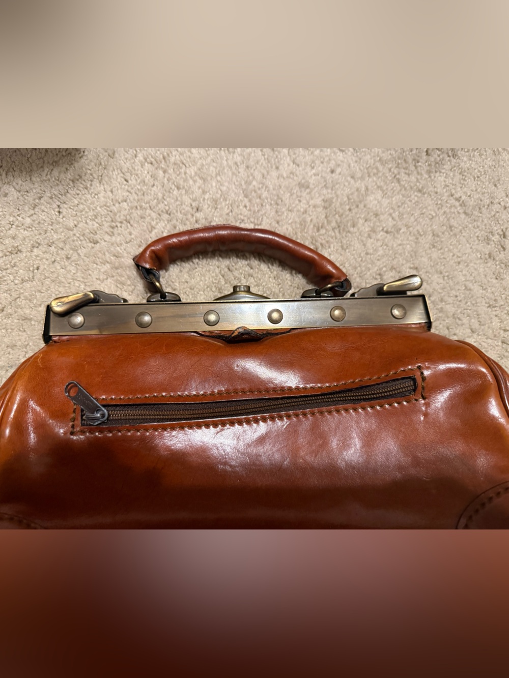 Vintage Italian leather frame/doctor-style handbag with brass frame